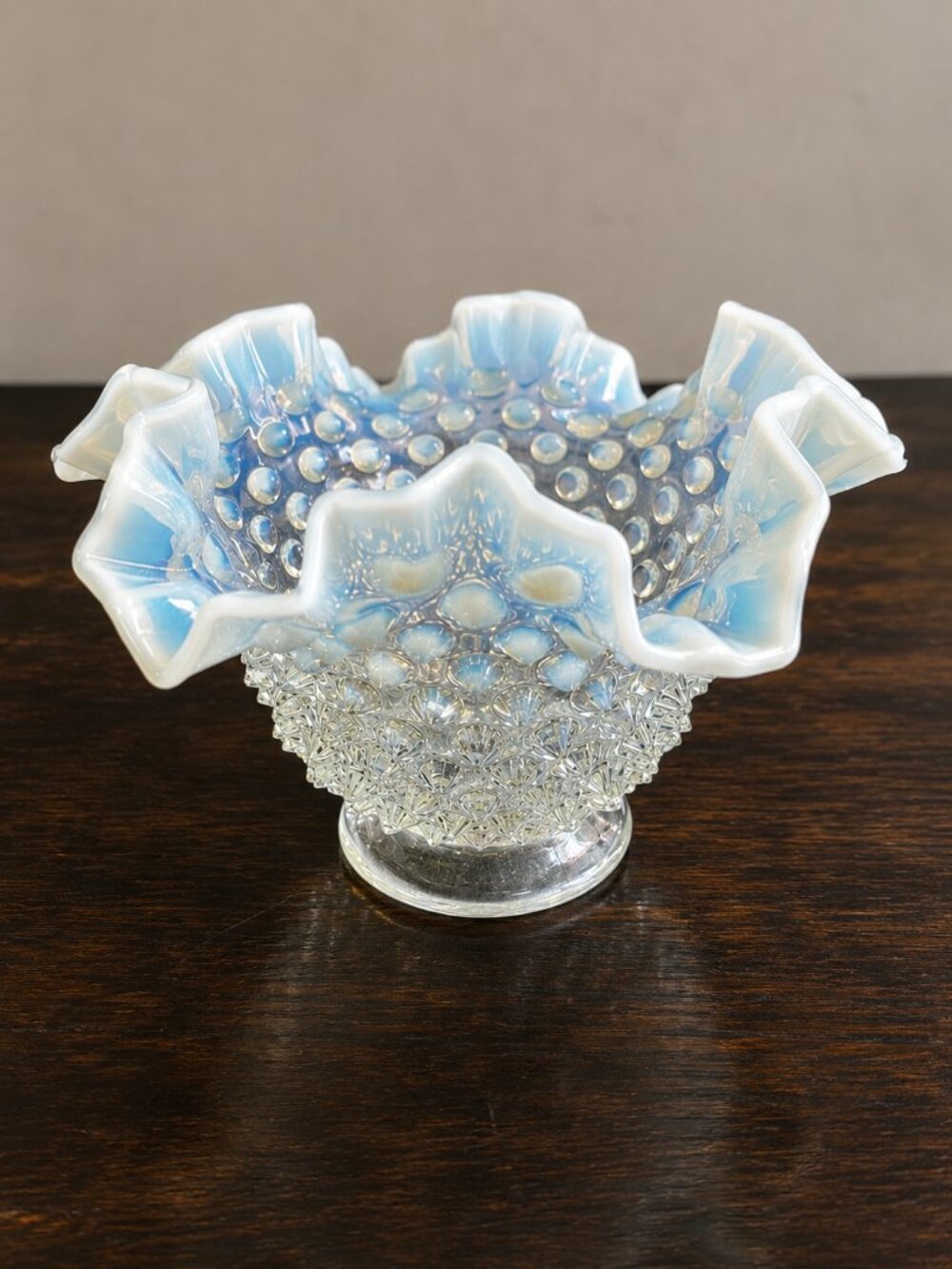 Fenton French Opalescent Hobnail Ruffled Glass Bowl Vintage 7.125"